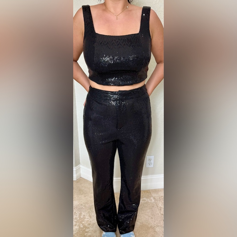 House of Harlow 1960 Black Sequin Pants and Top Set